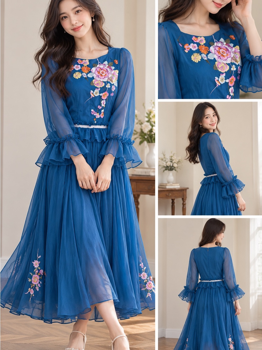Elegant Blue Floral Embroidered Long Dress